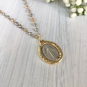 Beautiful mother Mary gold  silver rosary necklace